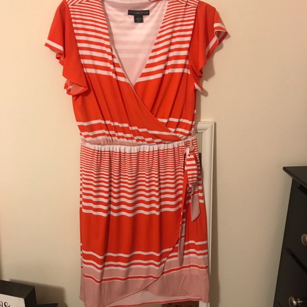 Orange and white striped faux wrap dress